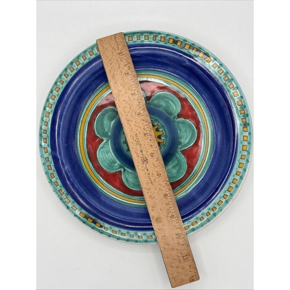 DeSimone Italy Art Ceramic Plate Signed Colorful Pottery Blue Red Flower 10 Inch